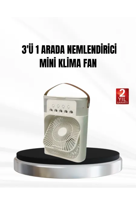 3’ü 1 Arada Mini Klima Fan USB Şarjlı, 7 Renk Gece Lambalı ve Nemlendirici