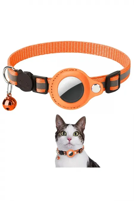 AirTag Uyumlu Reflektif Kedi Tasması Zilli Ayarlanabilir Kedi Boyun Tasması 22-32 cm Turuncu