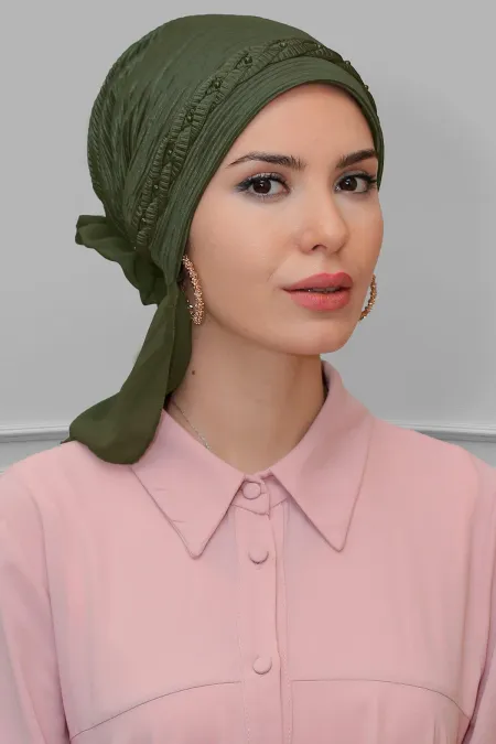 Haki Pratik Hazır Geçmeli Tesettür Bone Fukuro Piliseli Örgülü Güllü 1823_09